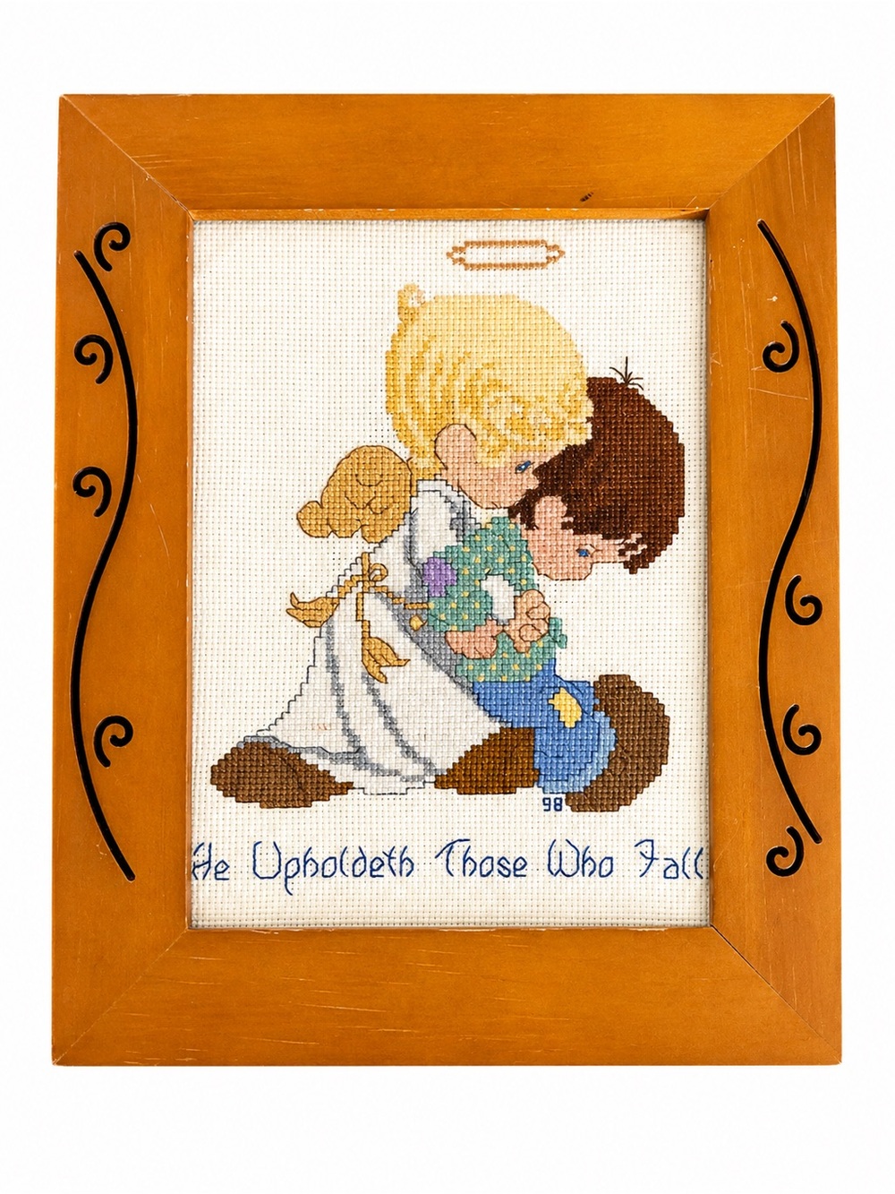 Vintage Angel Cross Stitch Framed Art “He Upholdeth Those Who Fall” 9.5x7.5